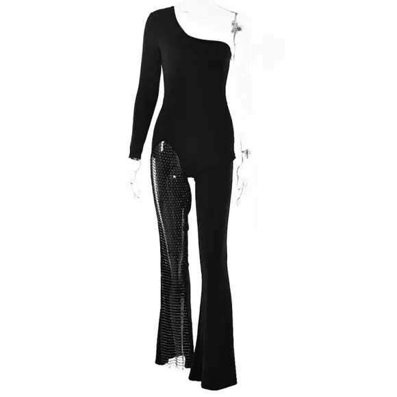 One shoulder mesh rhinestone jumpsuit - Picture 12 of 13